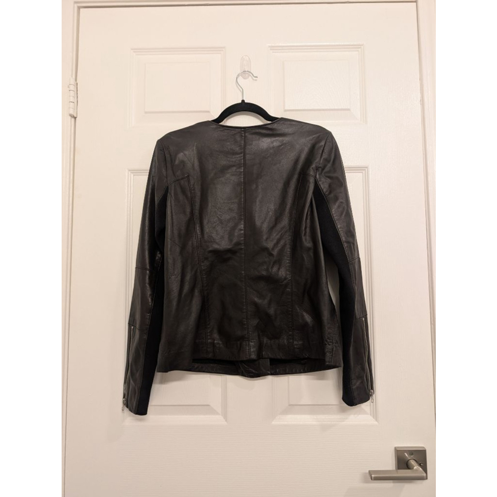 Trouvé Collarless Black Leather Moto Jacket with Ribbed Knit Panels M - Picture 6 of 9